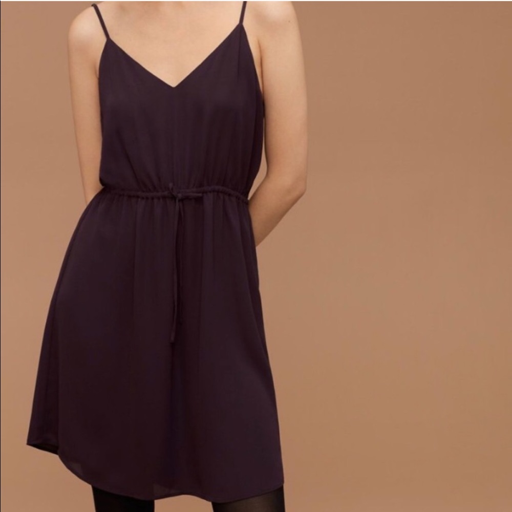 NWT Aritzia Babaton silk purple strappy reversible bow wrap front vneck dress S